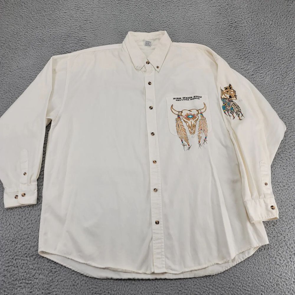 Bike Week 2000 Daytona Beach Shirt Mens XL Cream Vintage Wolf Button Up Spellout